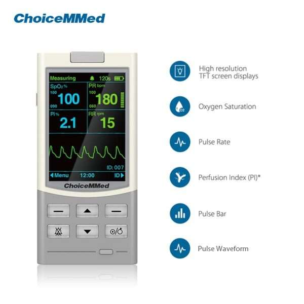 Monitor de oxímetro de pulso veterinario de mano para perros y gatos. Mide frecuencia cardíaca, presión arterial y saturación de oxígeno para el cuidado de mascotas.