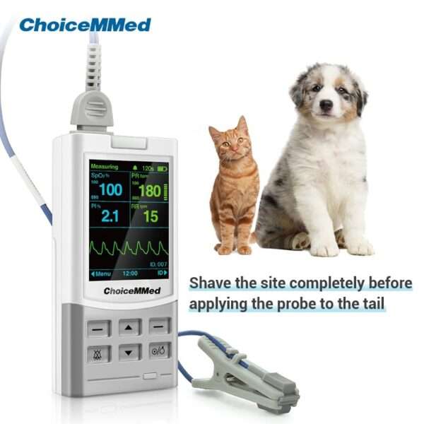Monitor de oxímetro de pulso veterinario de mano para perros y gatos. Mide frecuencia cardíaca, presión arterial y saturación de oxígeno para el cuidado de mascotas.
