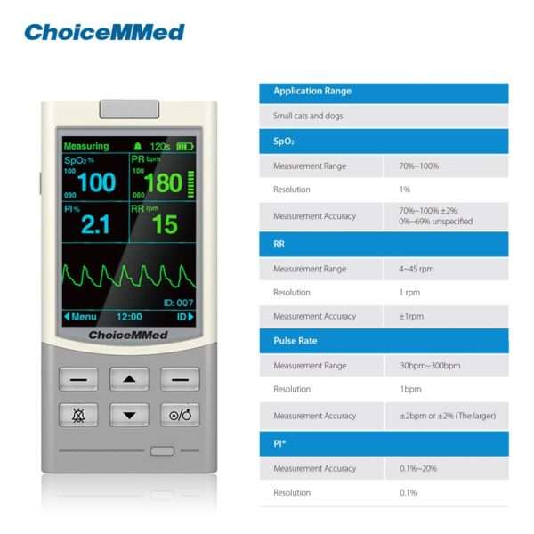 Monitor de oxímetro de pulso veterinario de mano para perros y gatos. Mide frecuencia cardíaca, presión arterial y saturación de oxígeno para el cuidado de mascotas.