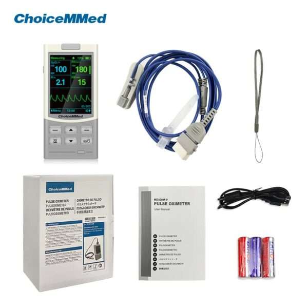 Monitor de oxímetro de pulso veterinario de mano para perros y gatos. Mide frecuencia cardíaca, presión arterial y saturación de oxígeno para el cuidado de mascotas.