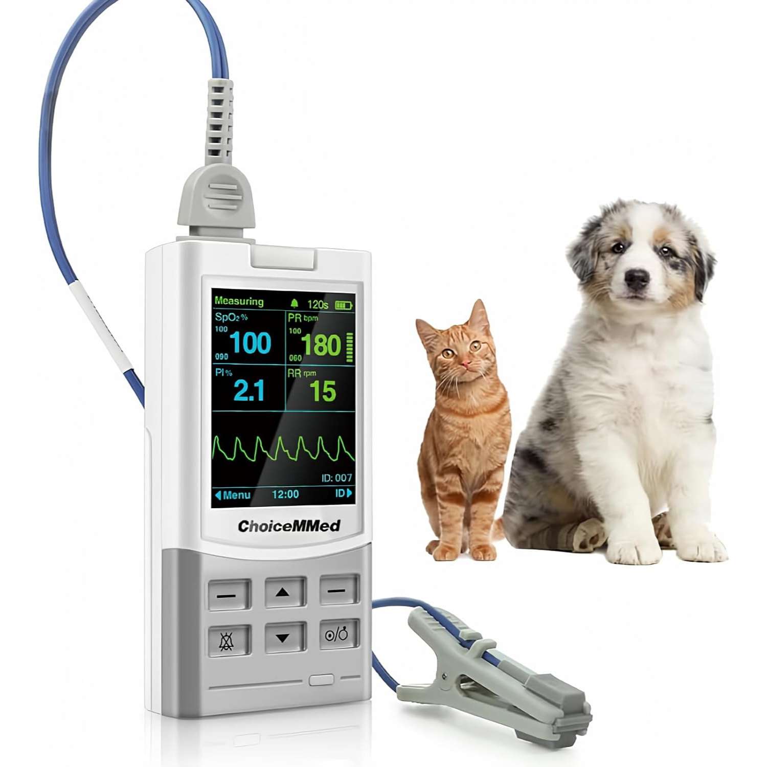Monitor de oxímetro de pulso veterinario de mano para perros y gatos. Mide frecuencia cardíaca, presión arterial y saturación de oxígeno para el cuidado de mascotas.