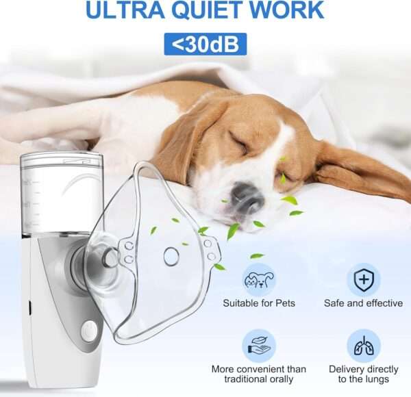 Nebulizador veterinario portátil y silencioso. Inhalador de mano de malla para perros, gatos y animales pequeños, ideal para tratamientos respiratorios en el hogar.