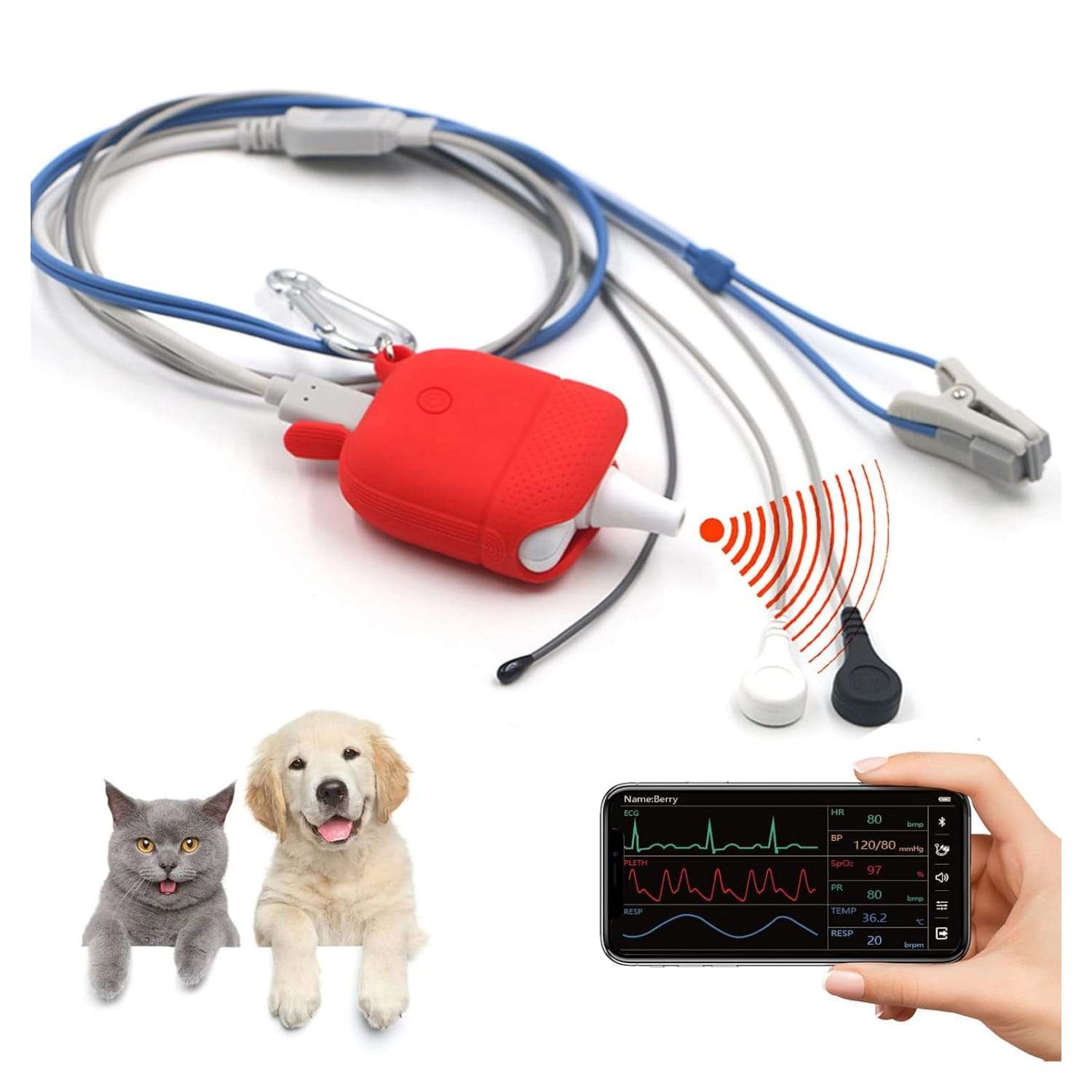 Monitor de oxímetro de pulso veterinario para perros y gatos. Equipo recargable con Bluetooth para monitoreo de SpO2 y ECG de mascotas.