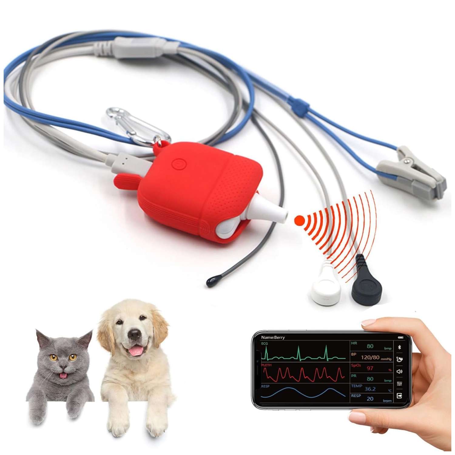 Monitor de oxímetro de pulso veterinario para perros y gatos. Equipo recargable con Bluetooth para monitoreo de SpO2 y ECG de mascotas.