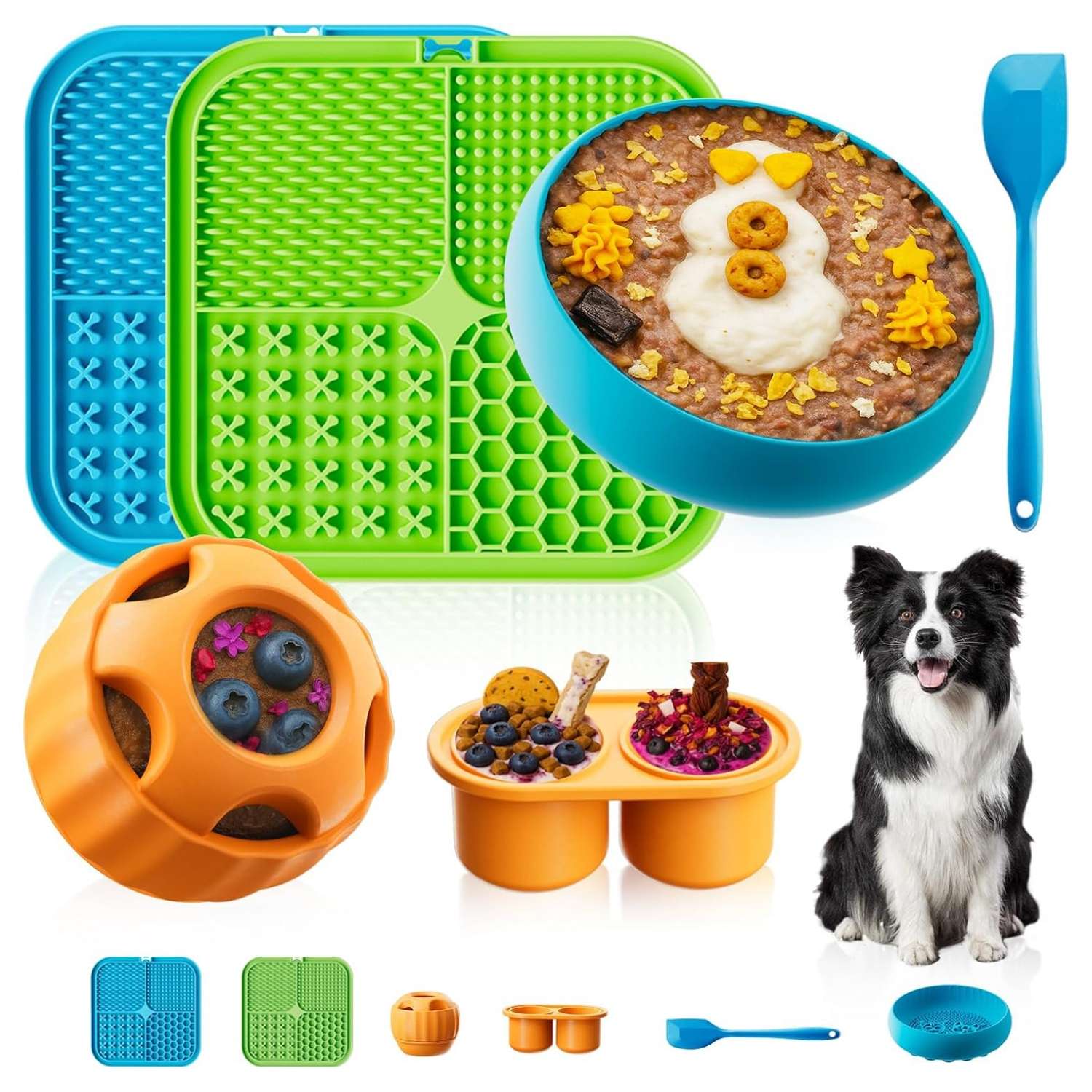Paquete de 6 juguetes de enriquecimiento para perros. Juguete interactivo con tapete para lamer, pelota y cuenco.