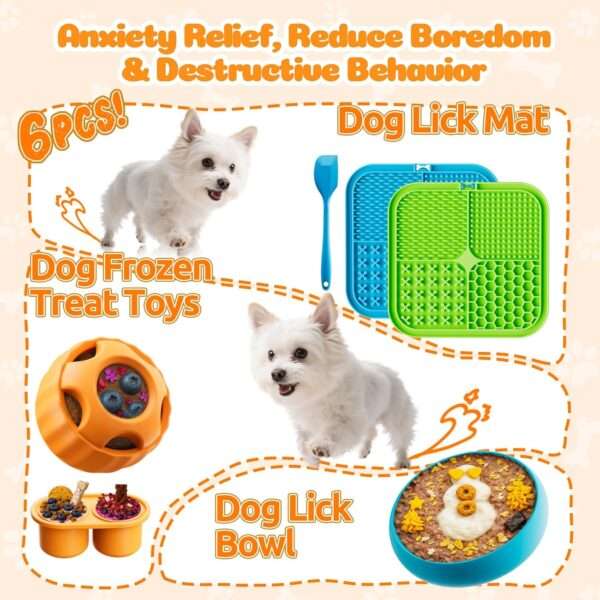 Paquete de 6 juguetes de enriquecimiento para perros. Juguete interactivo con tapete para lamer, pelota y cuenco.