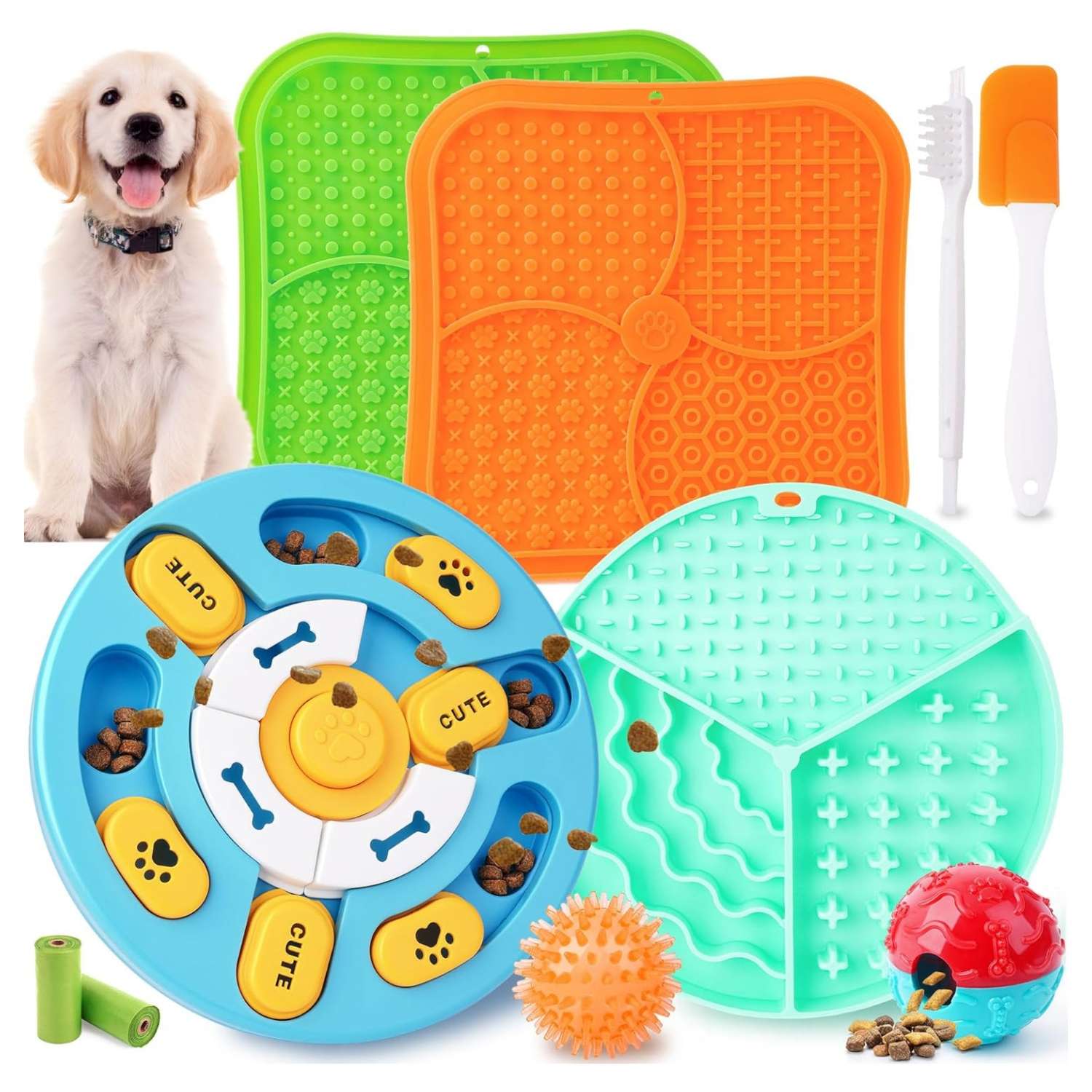 Paquete de 8 juguetes de rompecabezas para perros, con tapete para lamer y comedero.