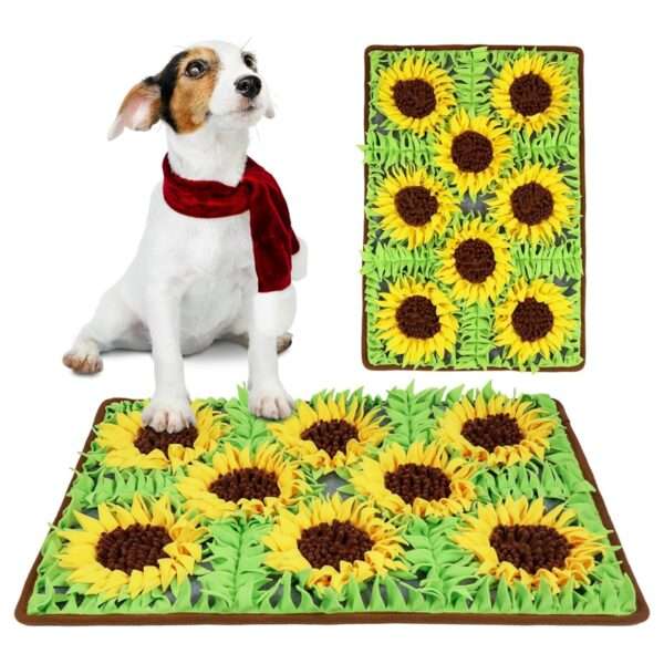 Tapete de olfateo para perros con forma de girasol. Es un juguete que fomenta la estimulación mental y la alimentación lenta.