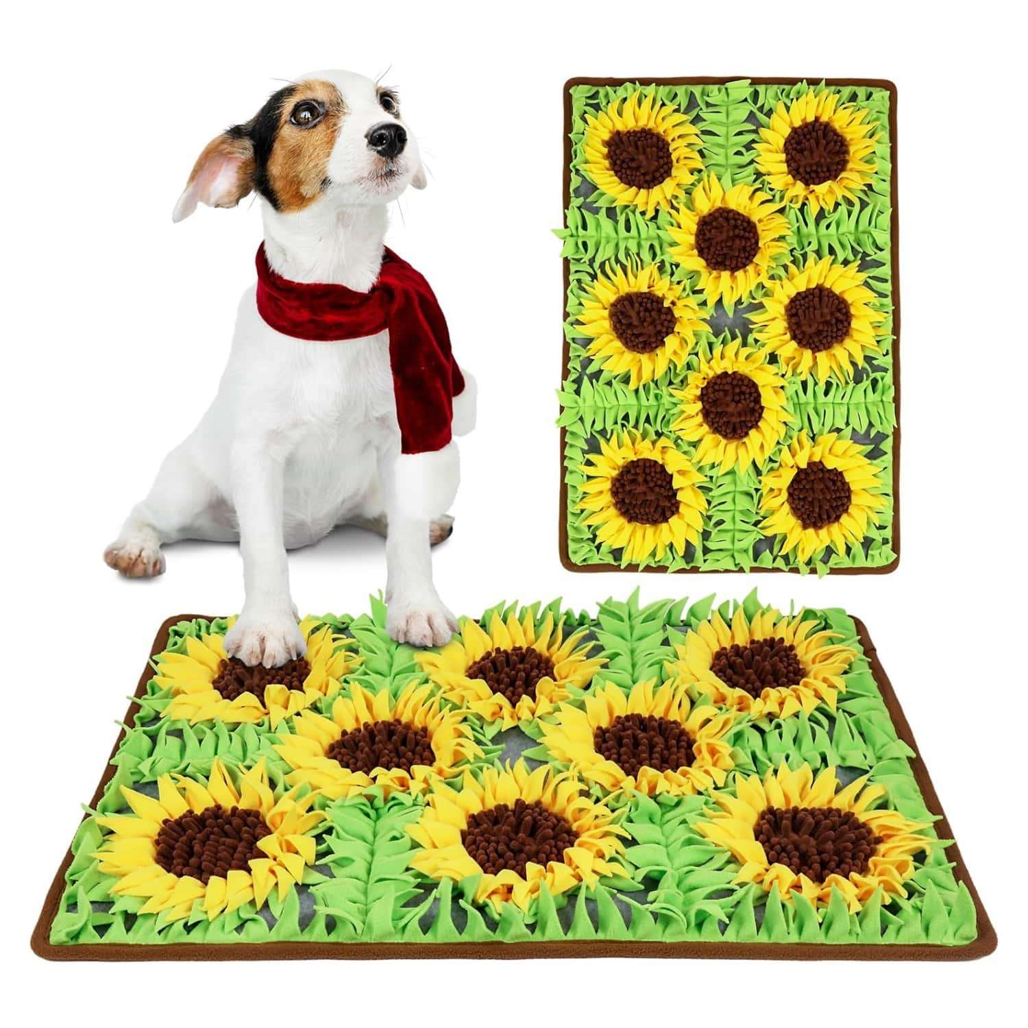 Tapete de olfateo para perros con forma de girasol. Es un juguete que fomenta la estimulación mental y la alimentación lenta.