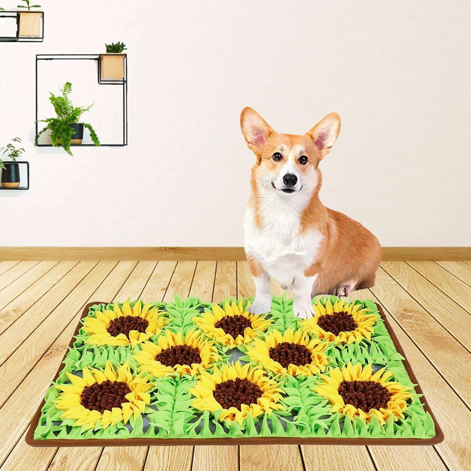 Tapete de olfateo para perros con forma de girasol. Es un juguete que fomenta la estimulación mental y la alimentación lenta.