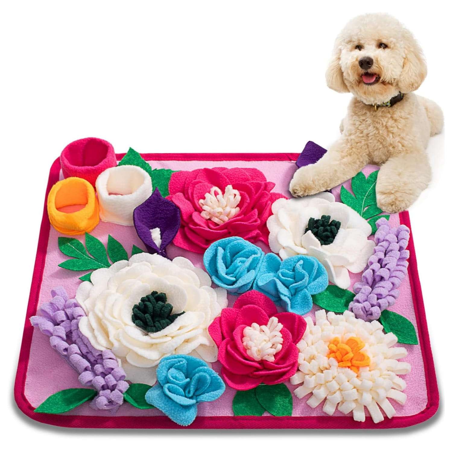Alfombra de olfato con diseño de flor y base antideslizante para perros y mascotas pequeñas.