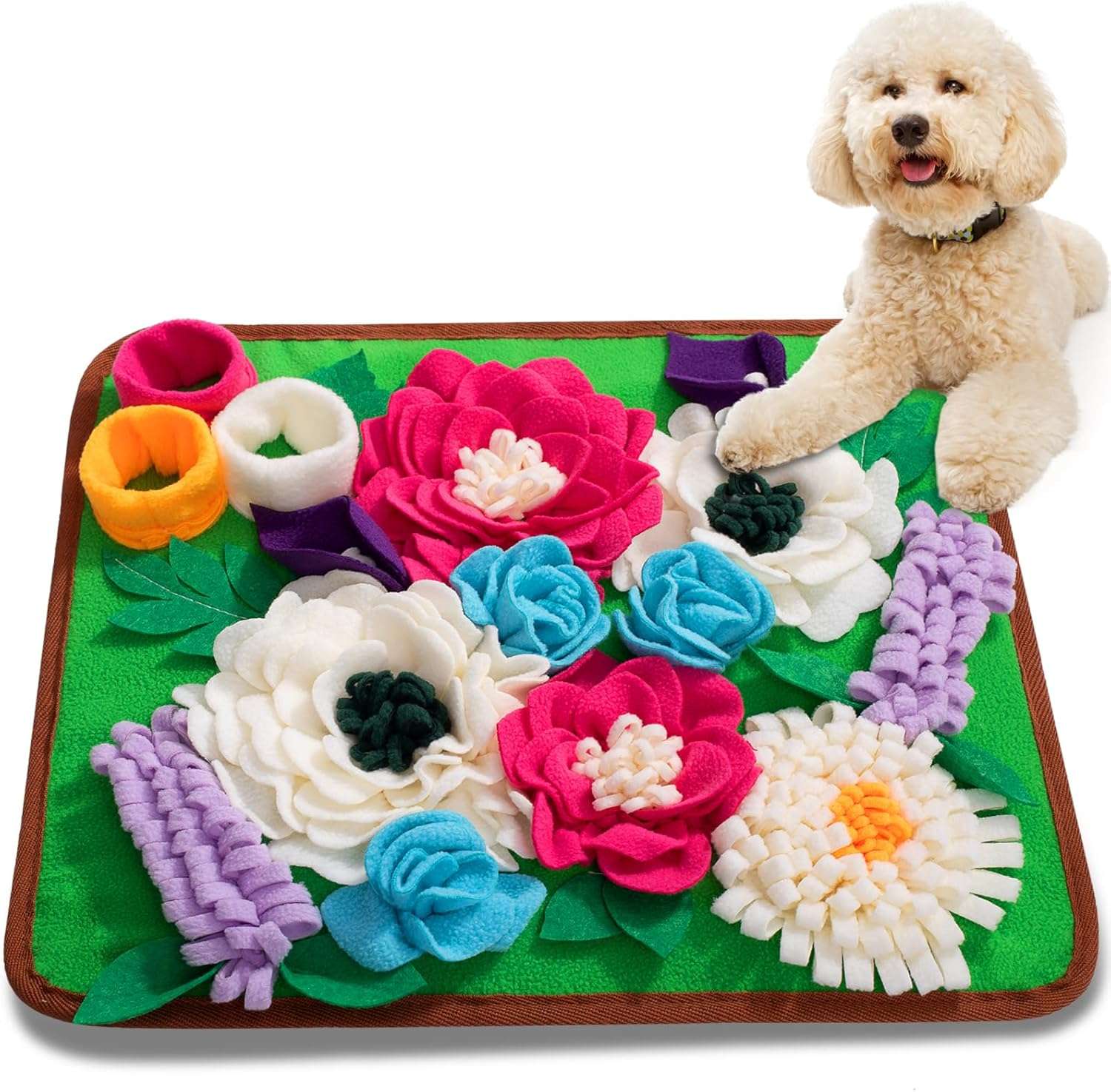 Alfombra de olfato con diseño de flor y base antideslizante para perros y mascotas pequeñas.