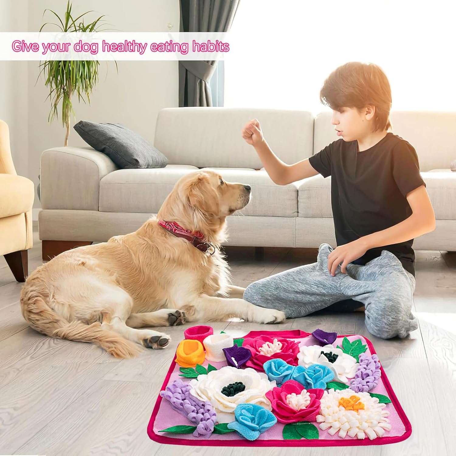 Alfombra de olfato con diseño de flor y base antideslizante para perros y mascotas pequeñas.