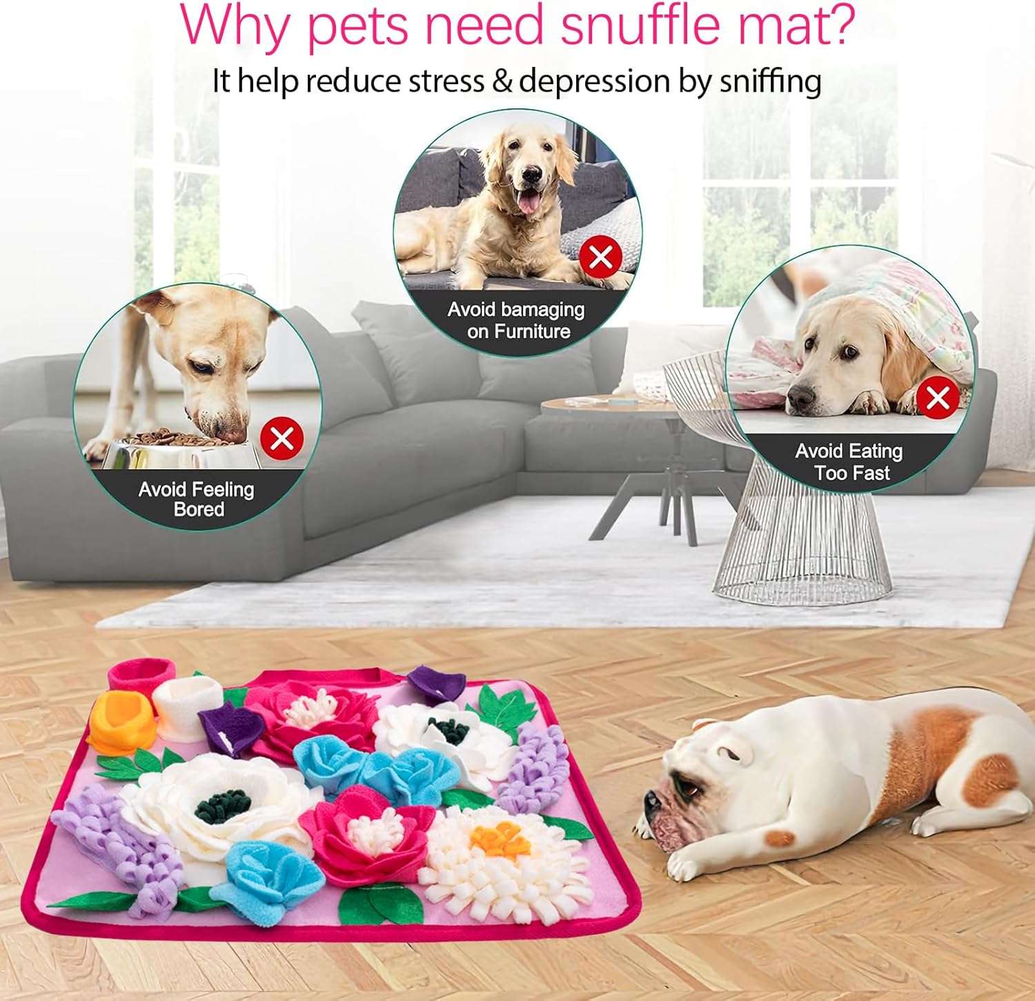 Alfombra de olfato con diseño de flor y base antideslizante para perros y mascotas pequeñas.