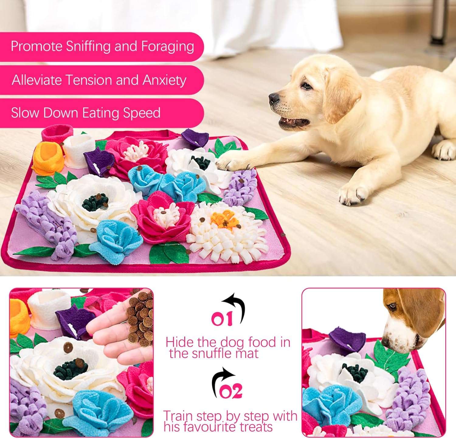 Alfombra de olfato con diseño de flor y base antideslizante para perros y mascotas pequeñas.