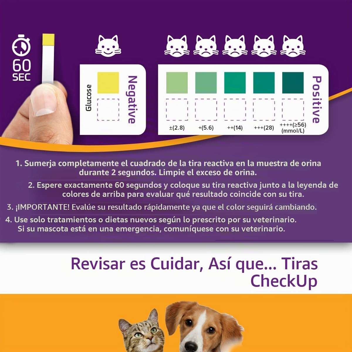 Kit de 50 tiras de glucosa veterinaria para perros y gatos para el control de la diabetes.