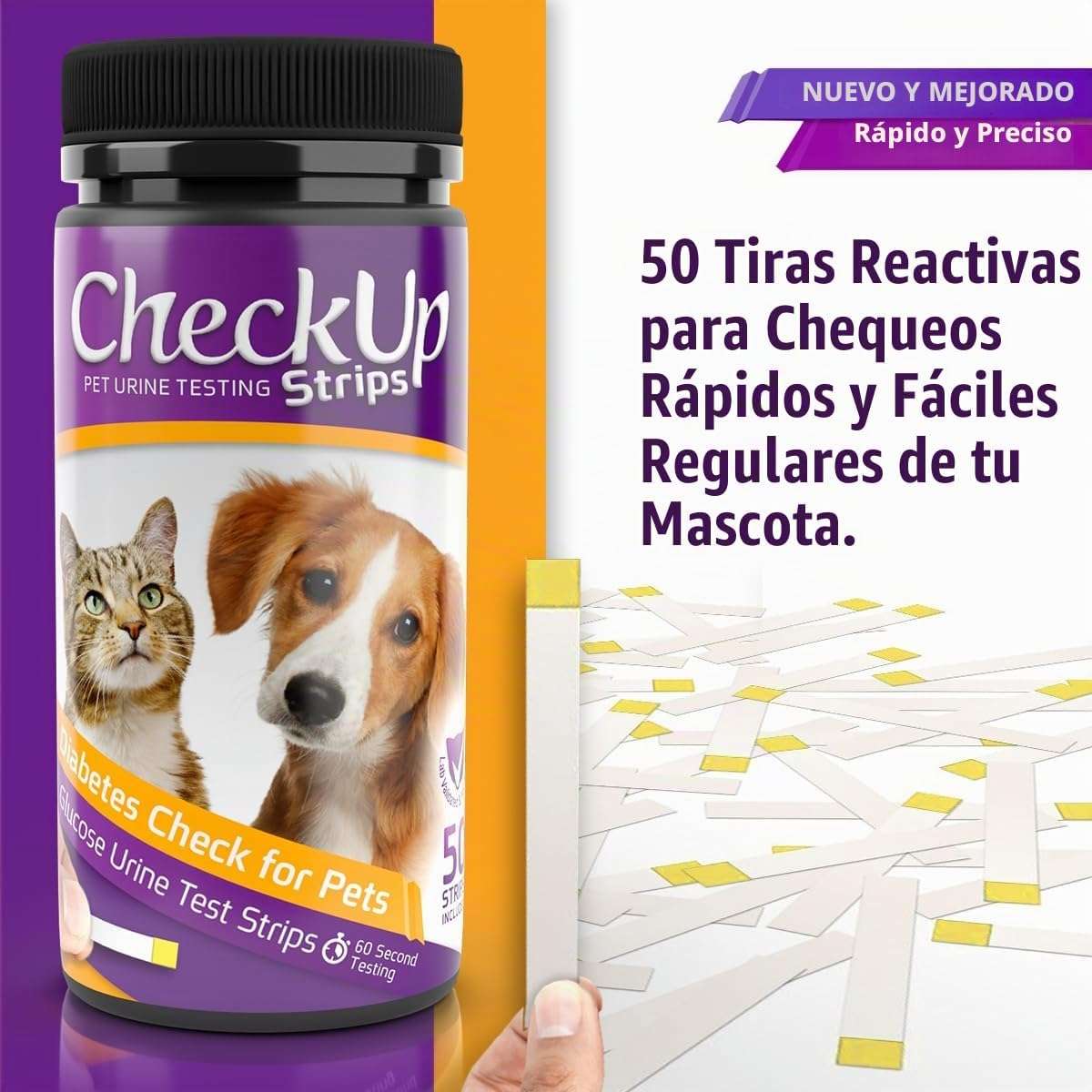 Kit de 50 tiras de glucosa veterinaria para perros y gatos para el control de la diabetes.