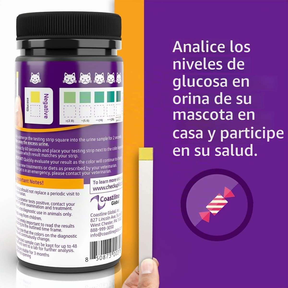 Kit de 50 tiras de glucosa veterinaria para perros y gatos para el control de la diabetes.