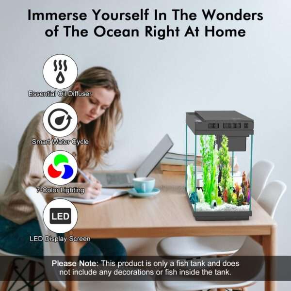 Acuario de vidrio 9L con pantalla de temperatura, humidificador y base LED de 7 colores. Control táctil para iluminación, filtración silenciosa y bomba de oxígeno 3 en 1.