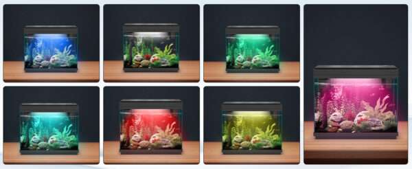 Acuario de vidrio 9L con pantalla de temperatura, humidificador y base LED de 7 colores. Control táctil para iluminación, filtración silenciosa y bomba de oxígeno 3 en 1.