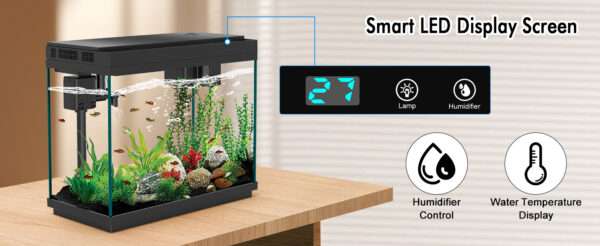 Acuario de vidrio 9L con pantalla de temperatura, humidificador y base LED de 7 colores. Control táctil para iluminación, filtración silenciosa y bomba de oxígeno 3 en 1.