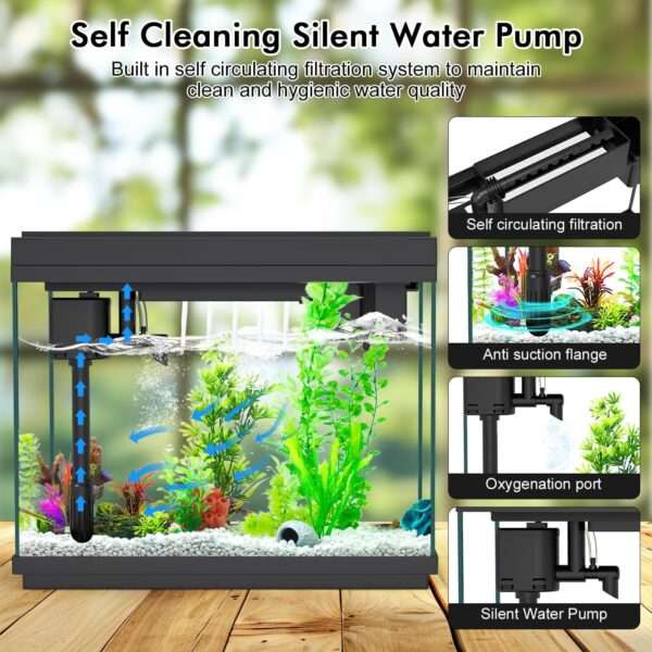 Acuario de vidrio 9L con pantalla de temperatura, humidificador y base LED de 7 colores. Control táctil para iluminación, filtración silenciosa y bomba de oxígeno 3 en 1.