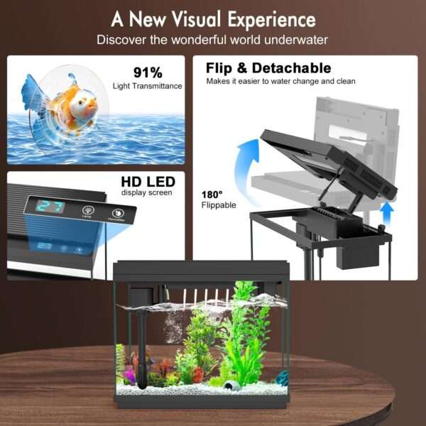 Acuario de vidrio 9L con pantalla de temperatura, humidificador y base LED de 7 colores. Control táctil para iluminación, filtración silenciosa y bomba de oxígeno 3 en 1.