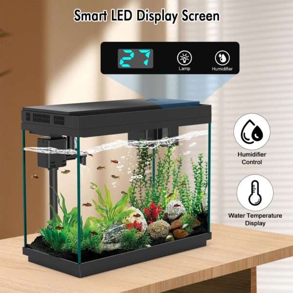 Acuario de vidrio 9L con pantalla de temperatura, humidificador y base LED de 7 colores. Control táctil para iluminación, filtración silenciosa y bomba de oxígeno 3 en 1.