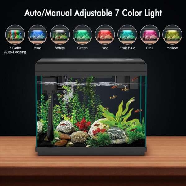 Acuario de vidrio 9L con pantalla de temperatura, humidificador y base LED de 7 colores. Control táctil para iluminación, filtración silenciosa y bomba de oxígeno 3 en 1.