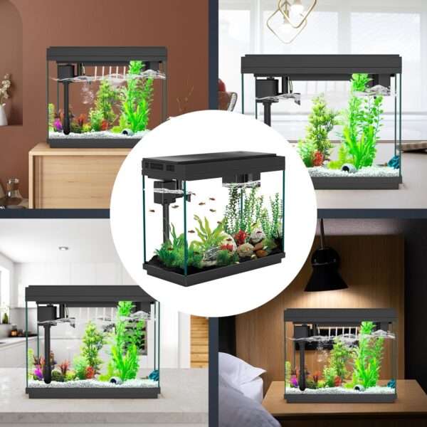 Acuario de vidrio 9L con pantalla de temperatura, humidificador y base LED de 7 colores. Control táctil para iluminación, filtración silenciosa y bomba de oxígeno 3 en 1.