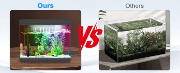 Acuario de vidrio 9L con pantalla de temperatura, humidificador y base LED de 7 colores. Control táctil para iluminación, filtración silenciosa y bomba de oxígeno 3 en 1.