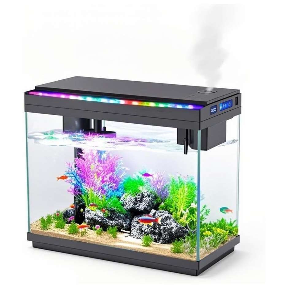 Acuario de vidrio 9L con pantalla de temperatura, humidificador y base LED de 7 colores. Control táctil para iluminación, filtración silenciosa y bomba de oxígeno 3 en 1.
