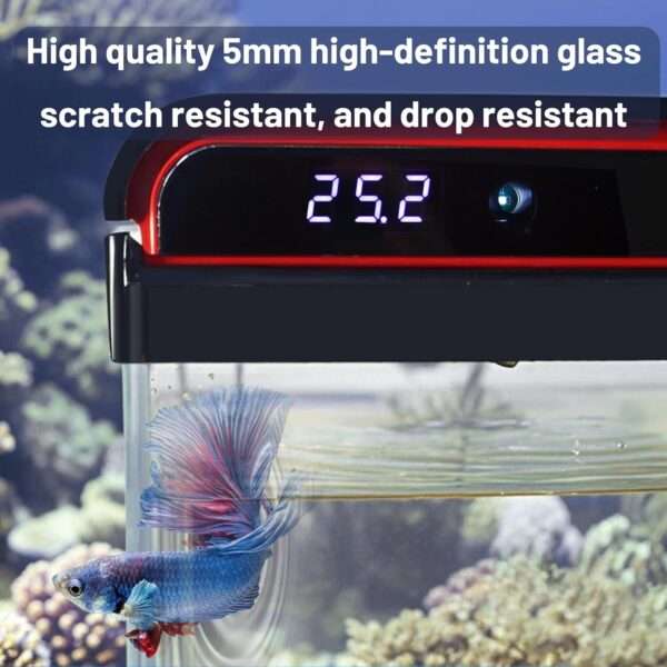 Acuario de vidrio HD con sistema de autolimpieza. Muestra sensor de temperatura integrado, bomba 3 en 1 ultra silenciosa y luz LED personalizable. Ideal para peces Betta.