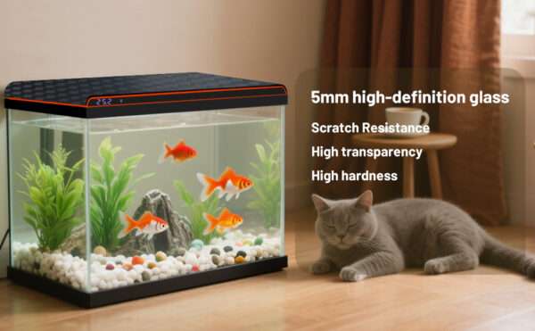 Acuario de vidrio HD con sistema de autolimpieza. Muestra sensor de temperatura integrado, bomba 3 en 1 ultra silenciosa y luz LED personalizable. Ideal para peces Betta.