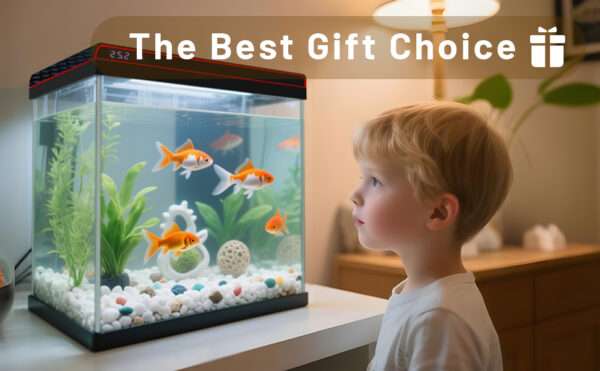 Acuario de vidrio HD con sistema de autolimpieza. Muestra sensor de temperatura integrado, bomba 3 en 1 ultra silenciosa y luz LED personalizable. Ideal para peces Betta.