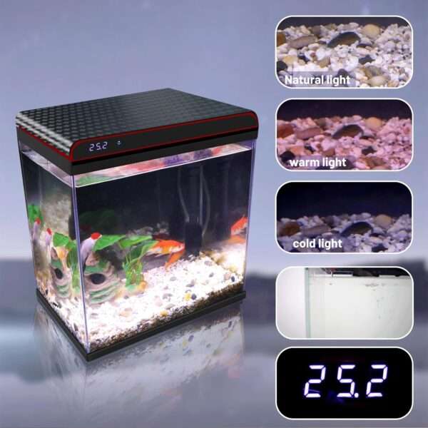 Acuario de vidrio HD con sistema de autolimpieza. Muestra sensor de temperatura integrado, bomba 3 en 1 ultra silenciosa y luz LED personalizable. Ideal para peces Betta.
