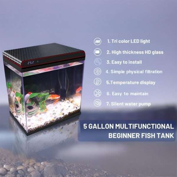Acuario de vidrio HD con sistema de autolimpieza. Muestra sensor de temperatura integrado, bomba 3 en 1 ultra silenciosa y luz LED personalizable. Ideal para peces Betta.