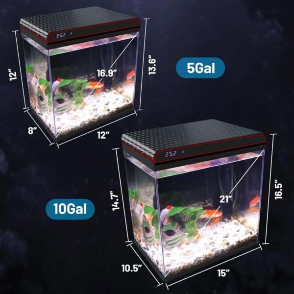 Acuario de vidrio HD con sistema de autolimpieza. Muestra sensor de temperatura integrado, bomba 3 en 1 ultra silenciosa y luz LED personalizable. Ideal para peces Betta.