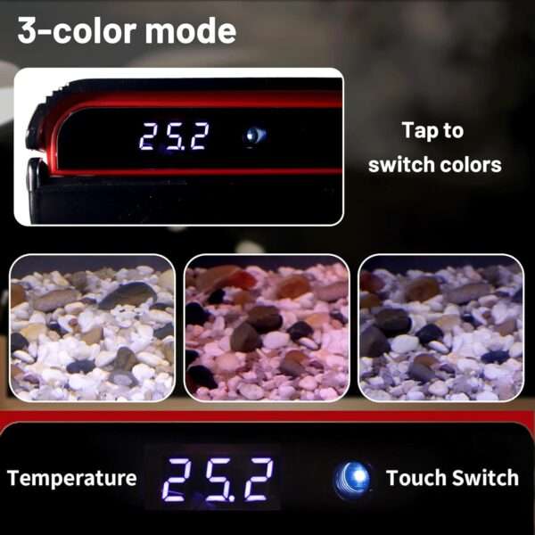 Acuario de vidrio HD con sistema de autolimpieza. Muestra sensor de temperatura integrado, bomba 3 en 1 ultra silenciosa y luz LED personalizable. Ideal para peces Betta.