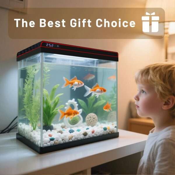 Acuario de vidrio HD con sistema de autolimpieza. Muestra sensor de temperatura integrado, bomba 3 en 1 ultra silenciosa y luz LED personalizable. Ideal para peces Betta.