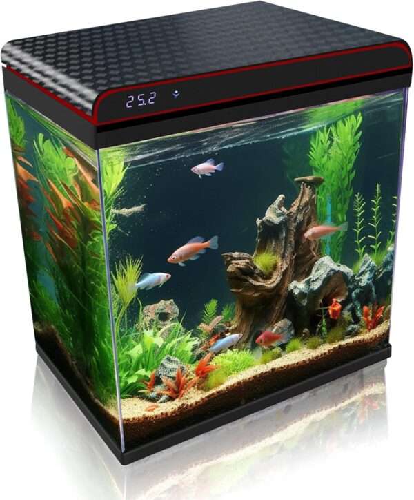 Acuario de vidrio HD con sistema de autolimpieza. Muestra sensor de temperatura integrado, bomba 3 en 1 ultra silenciosa y luz LED personalizable. Ideal para peces Betta.