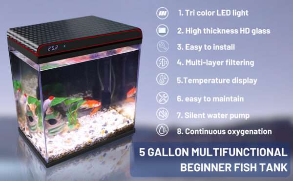 Acuario de vidrio HD con sistema de autolimpieza. Muestra sensor de temperatura integrado, bomba 3 en 1 ultra silenciosa y luz LED personalizable. Ideal para peces Betta.
