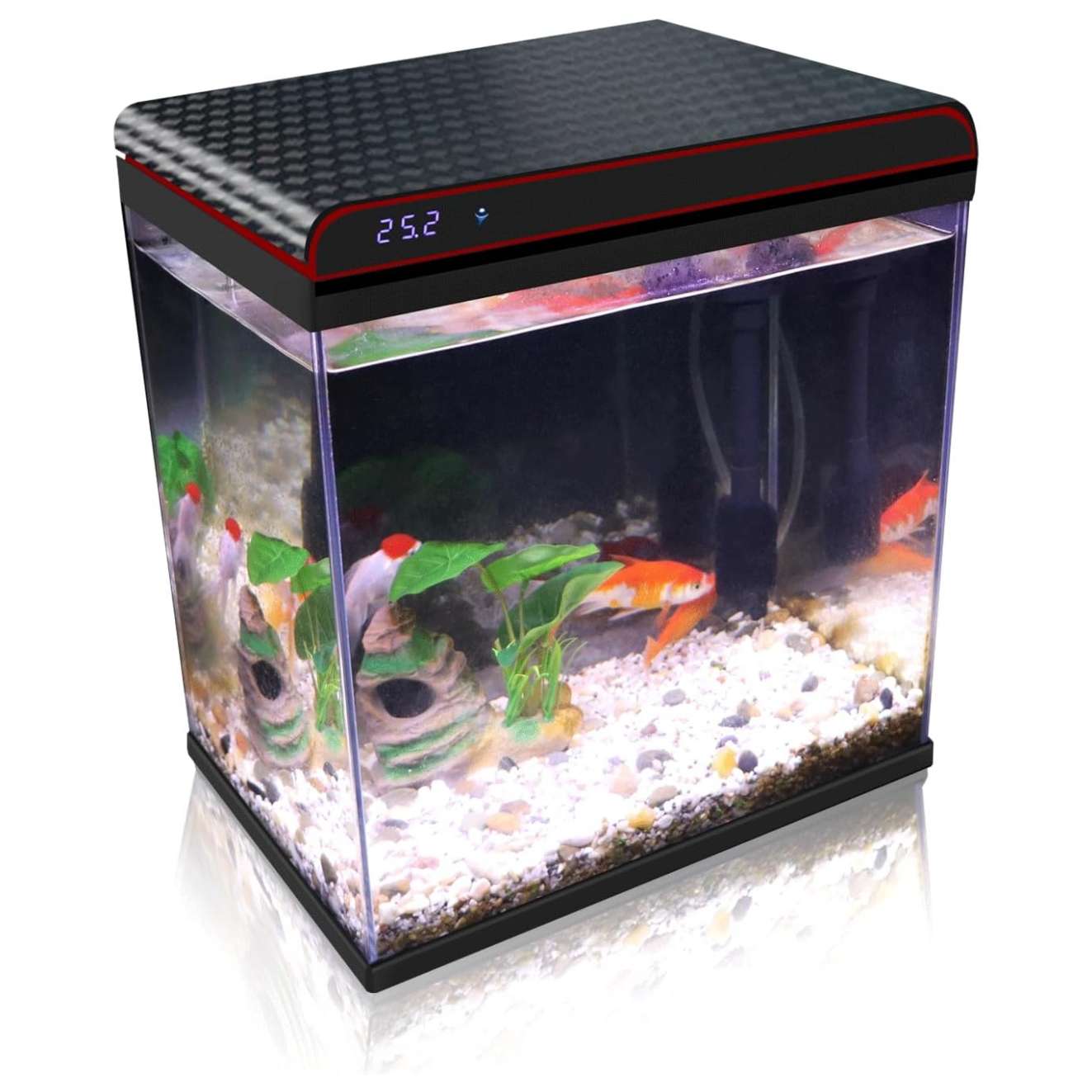 Acuario de vidrio HD con sistema de autolimpieza. Muestra sensor de temperatura integrado, bomba 3 en 1 ultra silenciosa y luz LED personalizable. Ideal para peces Betta.