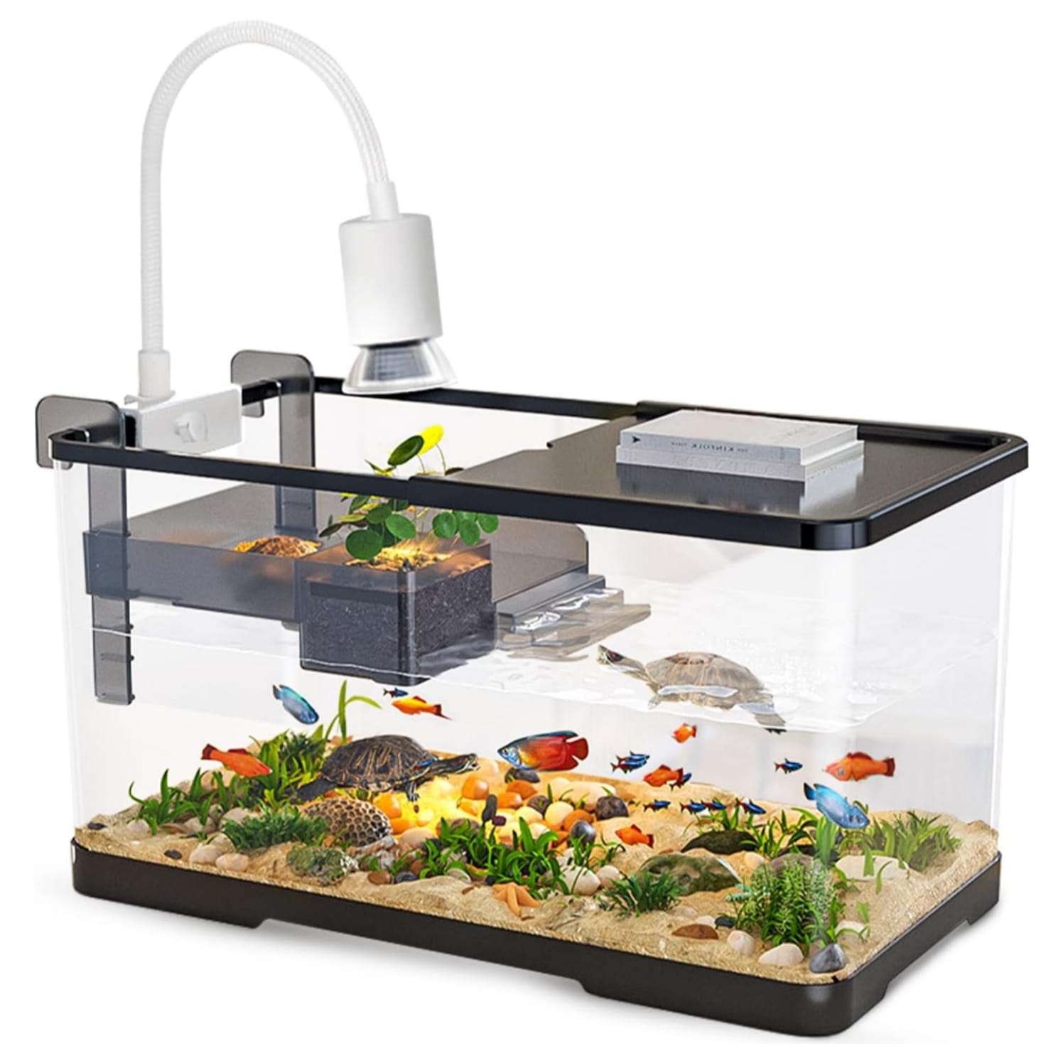 Un kit completo de inicio para tortugas, mostrando un acuario con drenaje inferior y áreas multifuncionales.
