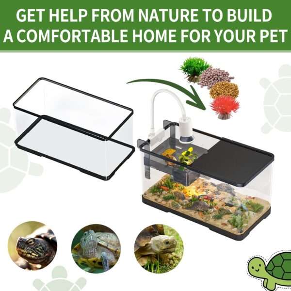 Un kit completo de inicio para tortugas, mostrando un acuario con drenaje inferior y áreas multifuncionales.