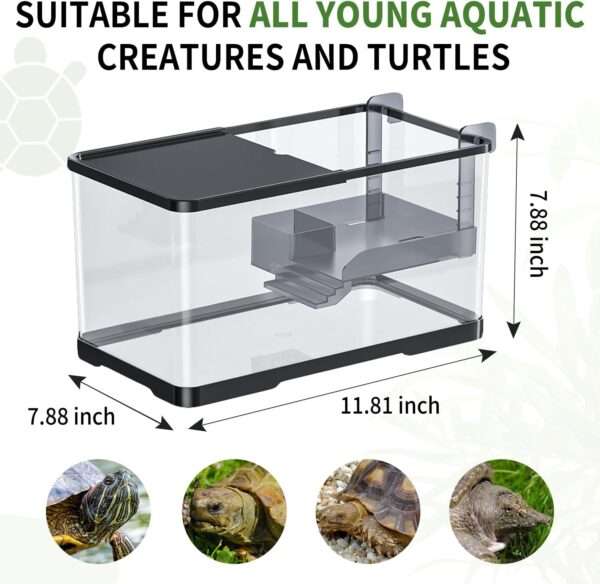 Un kit completo de inicio para tortugas, mostrando un acuario con drenaje inferior y áreas multifuncionales.