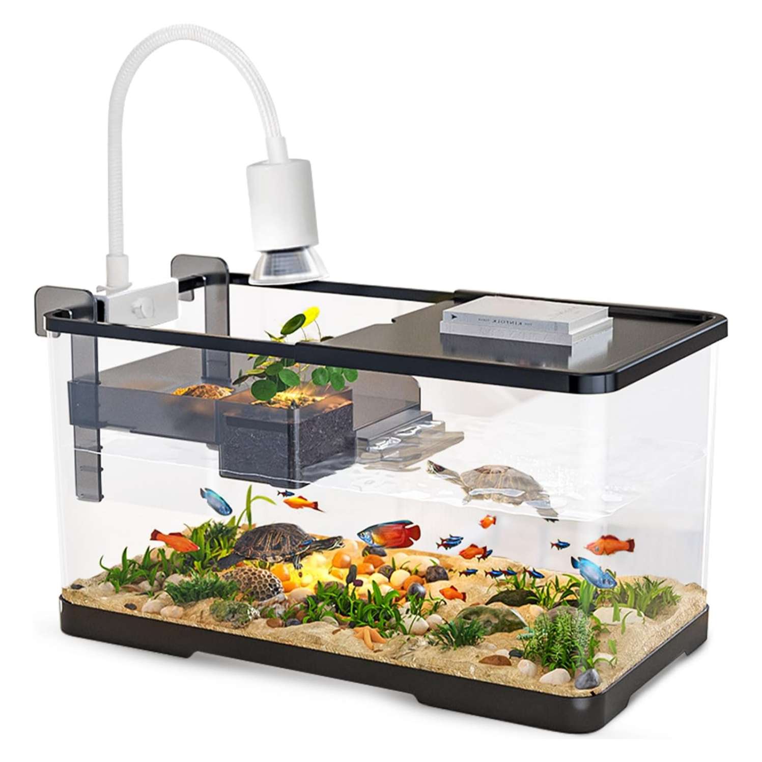 Un kit completo de inicio para tortugas, mostrando un acuario con drenaje inferior y áreas multifuncionales.