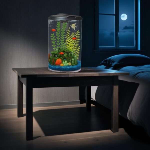 Acuario redondo o cilíndrico de 10 galones (29x50 cm). Construcción de plástico resistente a impactos con luz LED programable de 7 colores y filtro de potencia interno de 45 GPH.