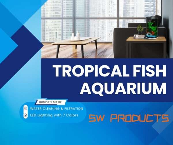 Acuario redondo o cilíndrico de 10 galones (29x50 cm). Construcción de plástico resistente a impactos con luz LED programable de 7 colores y filtro de potencia interno de 45 GPH.