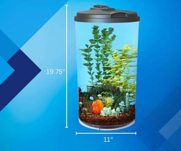 Acuario redondo o cilíndrico de 10 galones (29x50 cm). Construcción de plástico resistente a impactos con luz LED programable de 7 colores y filtro de potencia interno de 45 GPH.